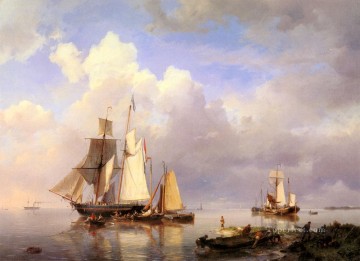  ancla Pintura - Los buques anclados en el estuario con el pescador Hermanus Snr Koekkoek seascape barco
